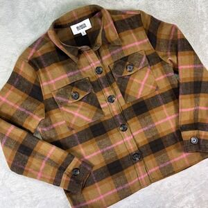 BB Dakota Women's Plaid Button Front Shacket Size S Brown Pink Flannel Jacket